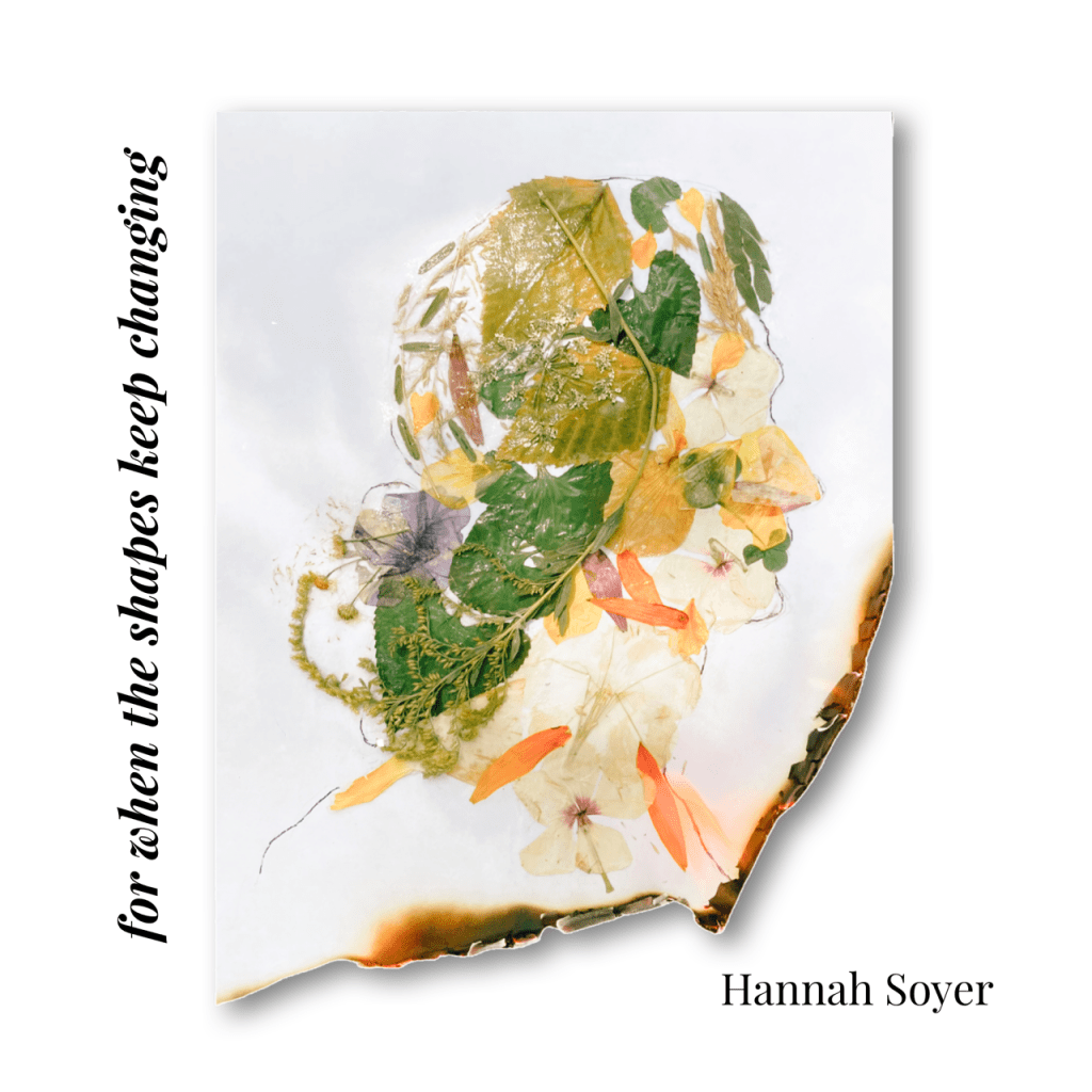 A white book cover, with the silhouette of a woman's profile made out of pressed flowers in the middle. The edge is burning, and the words "for when the shapes keeps changing" are written up the side.